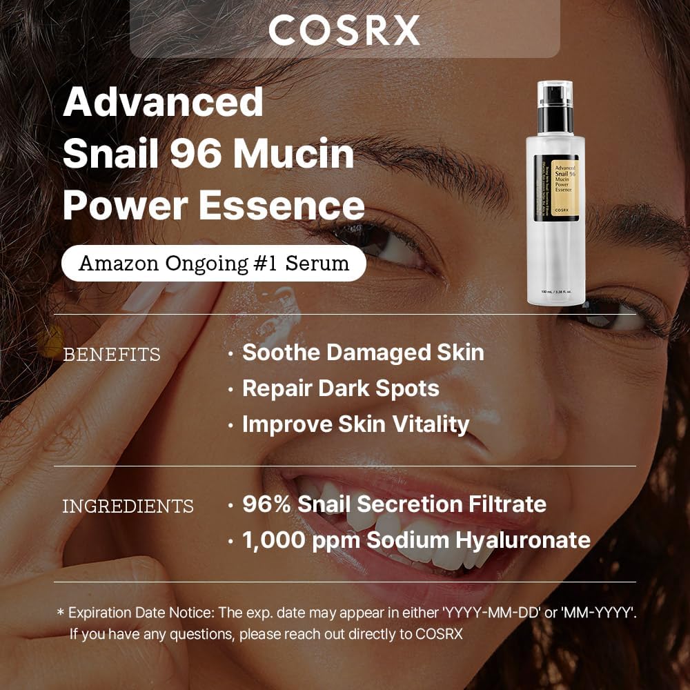 COSRX Snail Mucin 96% Power Repairing Essence 3.38 fl.oz 100ml, Hydrating Serum for Face with Snail Secretion Filtrate for Dull Skin  Fine Lines, Korean Skincare