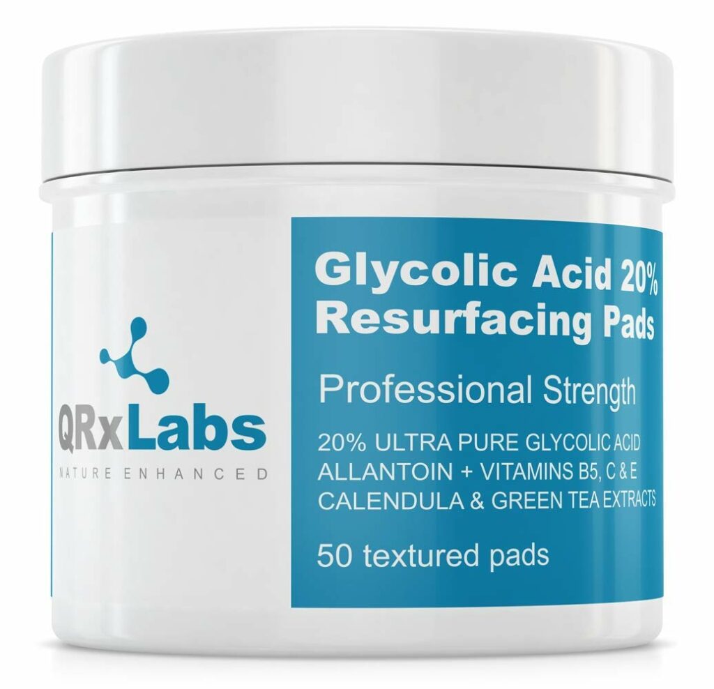 QRxLabs Glycolic Acid 20% Resurfacing Pads for Face  Body with Vitamins B5, C  E, Green Tea, Calendula, Allantoin - Exfoliates Surface Skin and Reduces Fine Lines and Wrinkles - Peel Pads