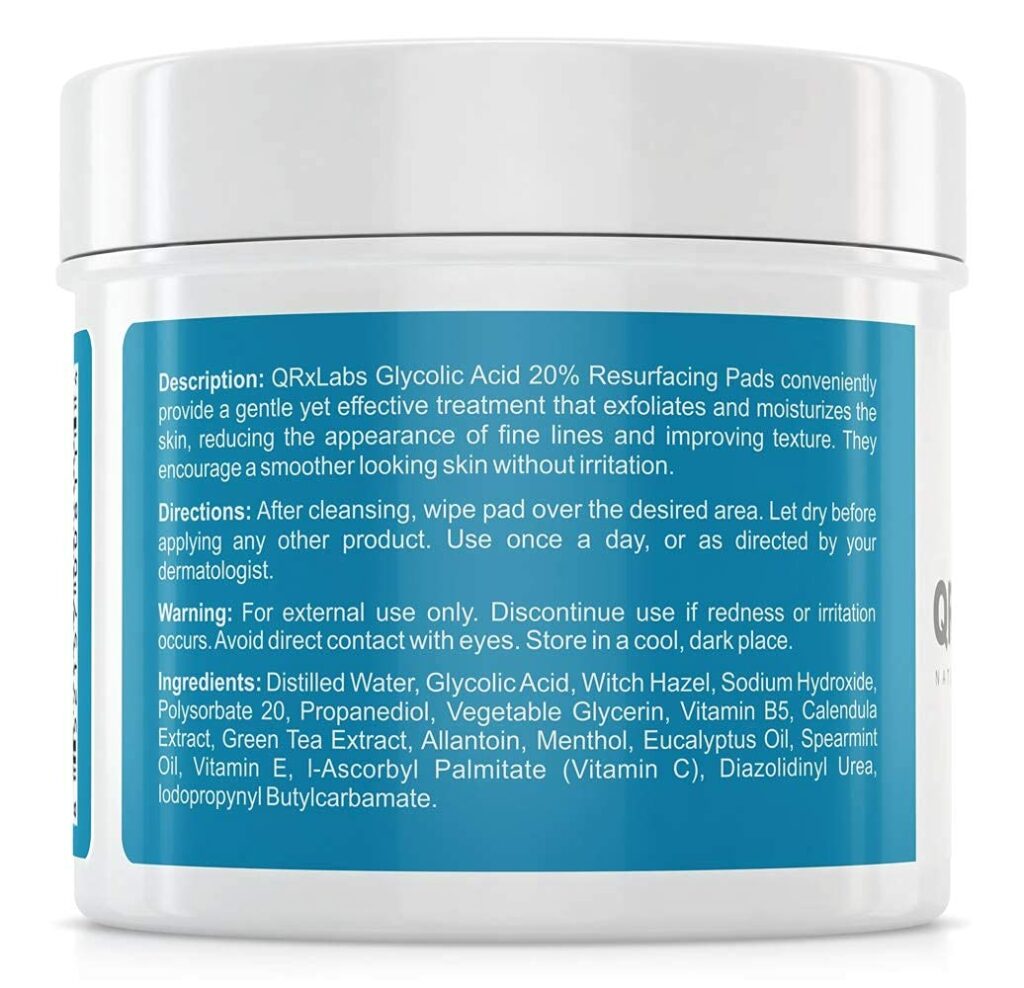 QRxLabs Glycolic Acid 20% Resurfacing Pads for Face  Body with Vitamins B5, C  E, Green Tea, Calendula, Allantoin - Exfoliates Surface Skin and Reduces Fine Lines and Wrinkles - Peel Pads