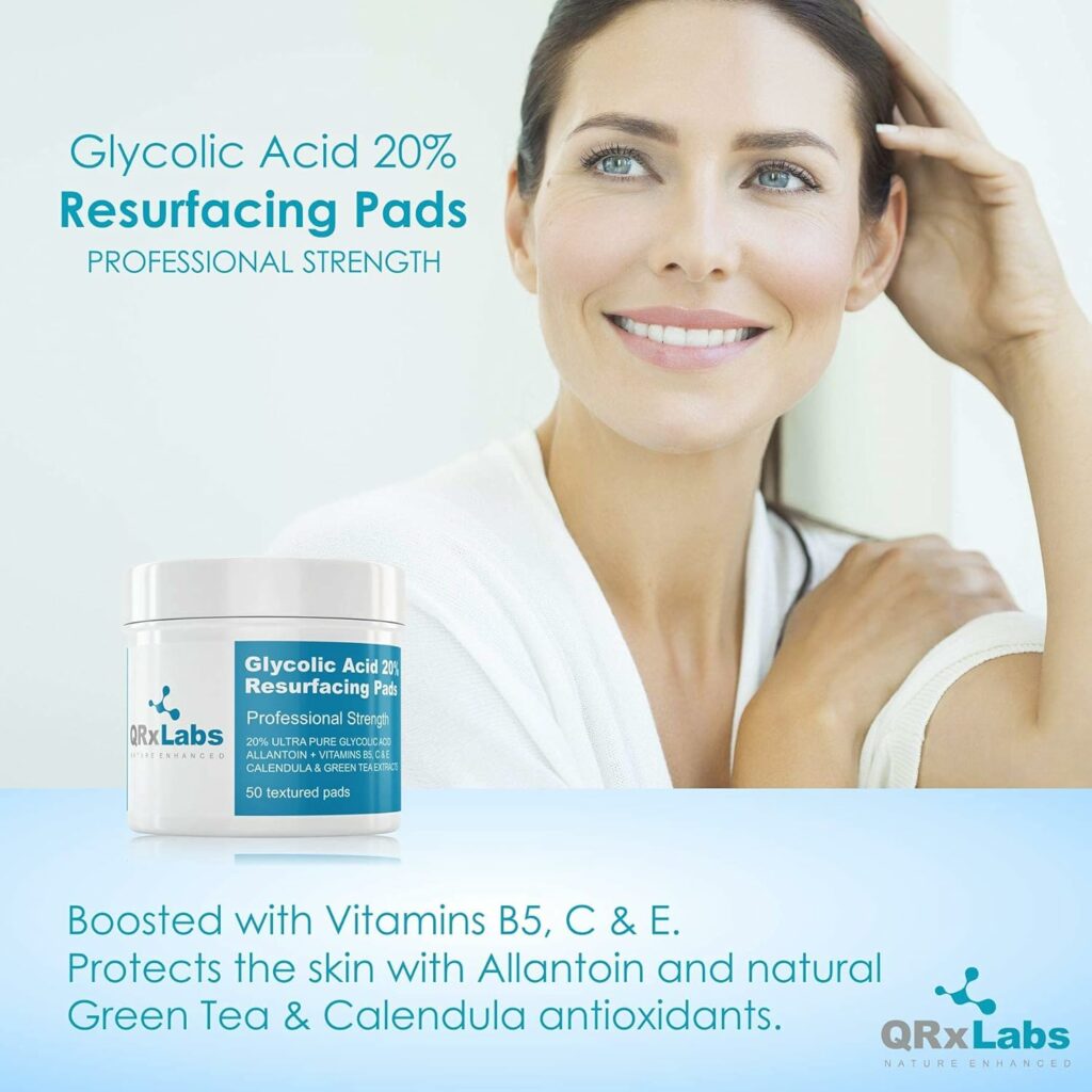 QRxLabs Glycolic Acid 20% Resurfacing Pads for Face  Body with Vitamins B5, C  E, Green Tea, Calendula, Allantoin - Exfoliates Surface Skin and Reduces Fine Lines and Wrinkles - Peel Pads