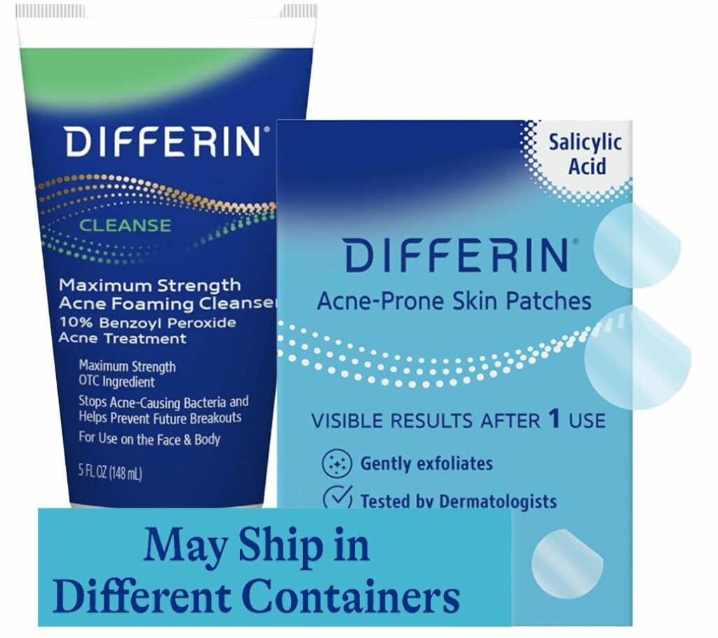 Differin 10% Benzoyl Peroxide Cleanser and Patch Set: 36 Power Patches, 18 large and 18 small patches for acne-prone skin and Acne Foaming Cleanser with 10% BPO Acne Treatment, Mothers Day Gifts