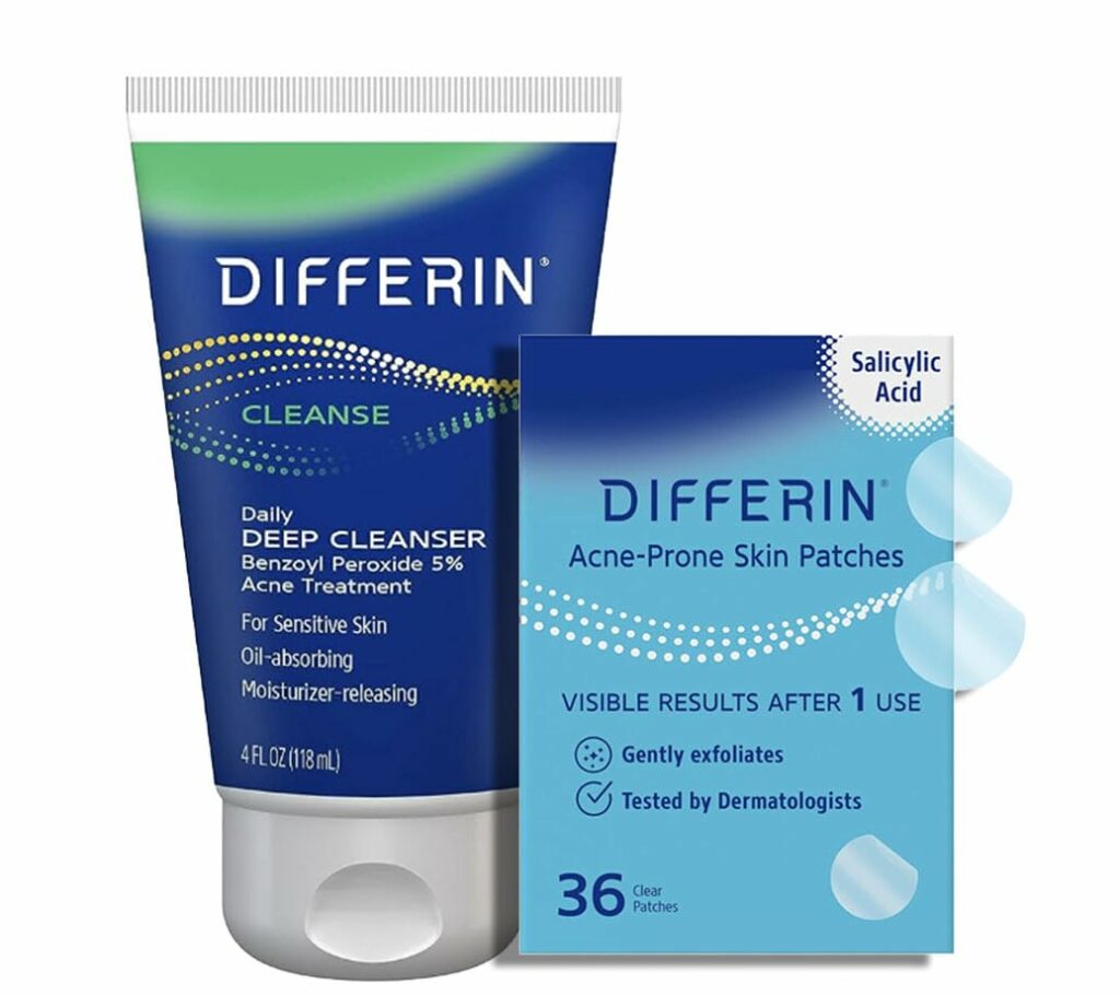 Differin 5% Benzoyl Peroxide Cleanser and Patch Set: 36 Power Patches, 18 large and 18 small pimple patches for acne-prone skin and Daily Deep Cleanser with 5% Benzoyl Peroxide, Mothers Day Gifts