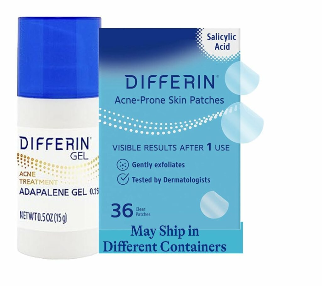 Differin Acne Treatment Gel and Differin Patch Set: 36 Power Patches, 18 large and 18 small patches for acne-prone skin and A30 day retinoid treatment with 0.1% Adapalene pump, Mothers Day Gifts