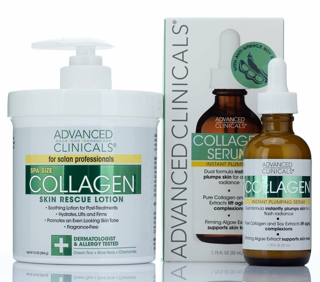 Advanced Clinicals Collagen Cream + Collagen Serum 2PC Set Bundle | Face Serum  Body Cream Moisturizer Lotion Plumping Skin Care Set  Kits For Wrinkles, Uneven Skin Tone,  Dry Skin, Fragrance Free