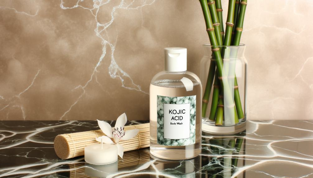 a bottle of Kojic Acid on a counter top