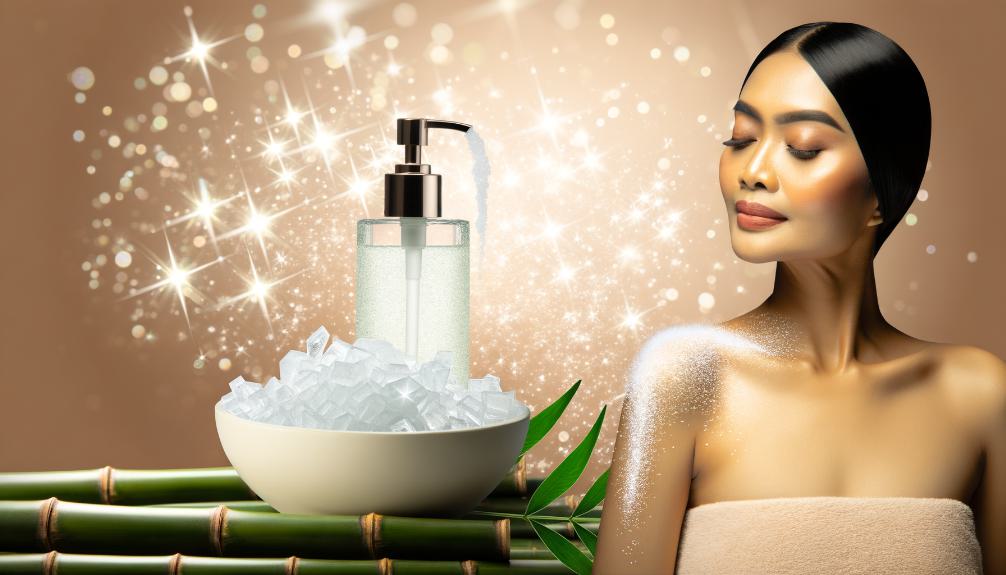 a glowing, radiant skin close-up with a backdrop of kojic acid crystals and a gentle stream of body wash pouring from a minimalist, elegant bottle, surrounded by serene, natural elements like bamboo.