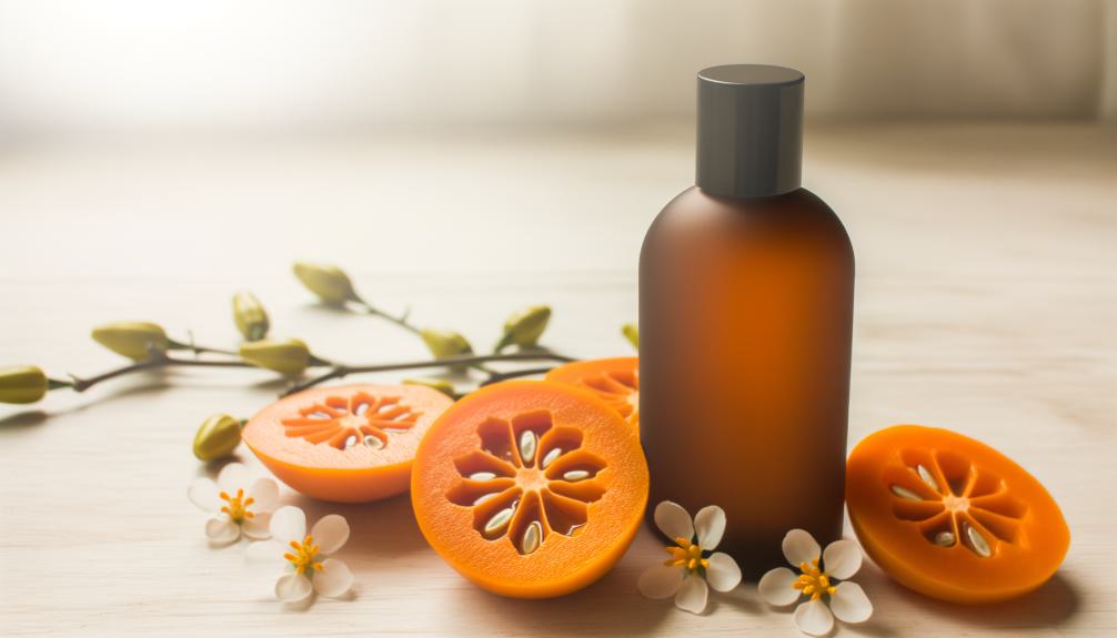 an image of a sleek, amber-colored body wash bottle surrounded by slices of bright orange kojic fruit and small, scattered white flowers on a light, wooden surface. Soft, natural lighting enhances the setup