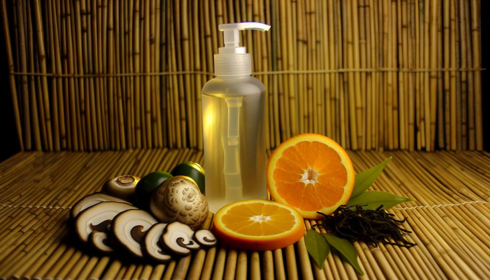  image featuring a transparent bottle of kojic acid body wash surrounded by natural ingredients like sliced kojic mushrooms, orange segments, and green tea leaves on a bamboo wood background.