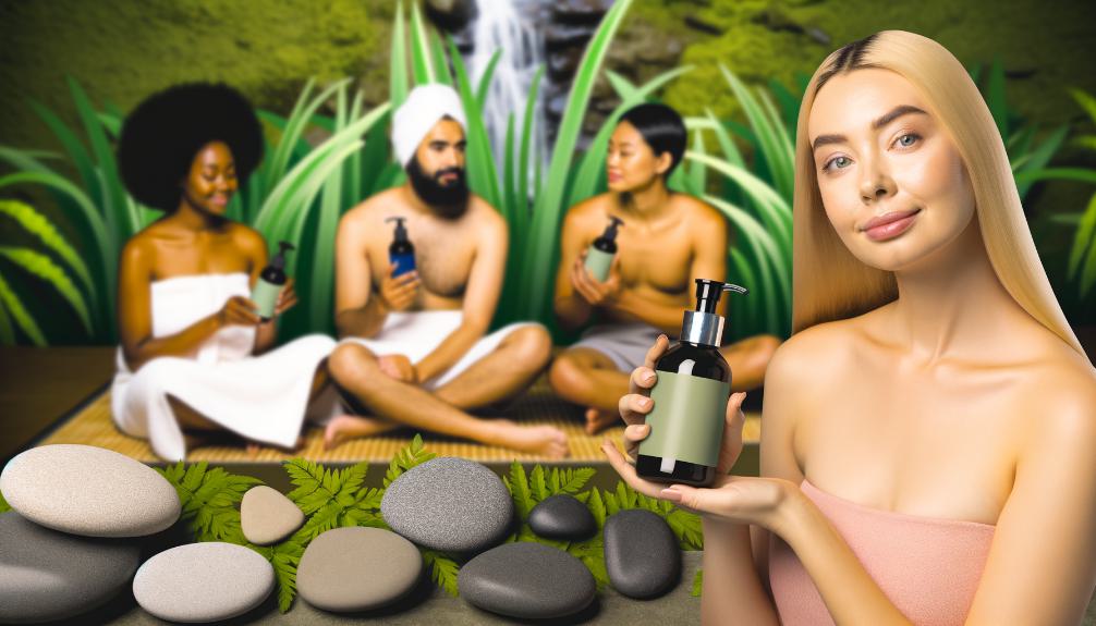 a diverse group of people in a serene spa setting, each holding a bottle of kojic acid body wash, showcasing various skin tones, surrounded by natural elements like plants and stones.