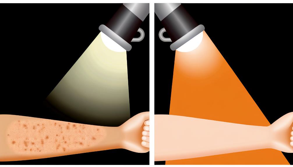 a split image: on one side, a glowing, even-toned arm under a spotlight, symbolizing kojic acid effects; opposite, a patchy-toned arm under a dim light, representing other skin lighteners.