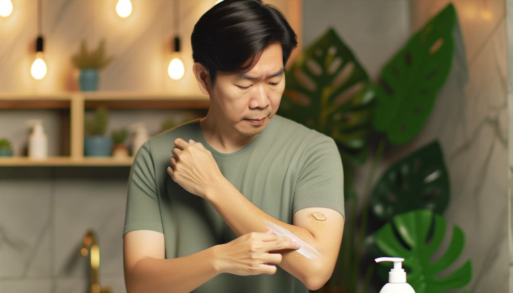 A person applying kojic acid body wash on their arm, focusing on dark spots. The background is a serene bathroom setting with soft lighting, hinting at a gentle, rejuvenating skincare routine.