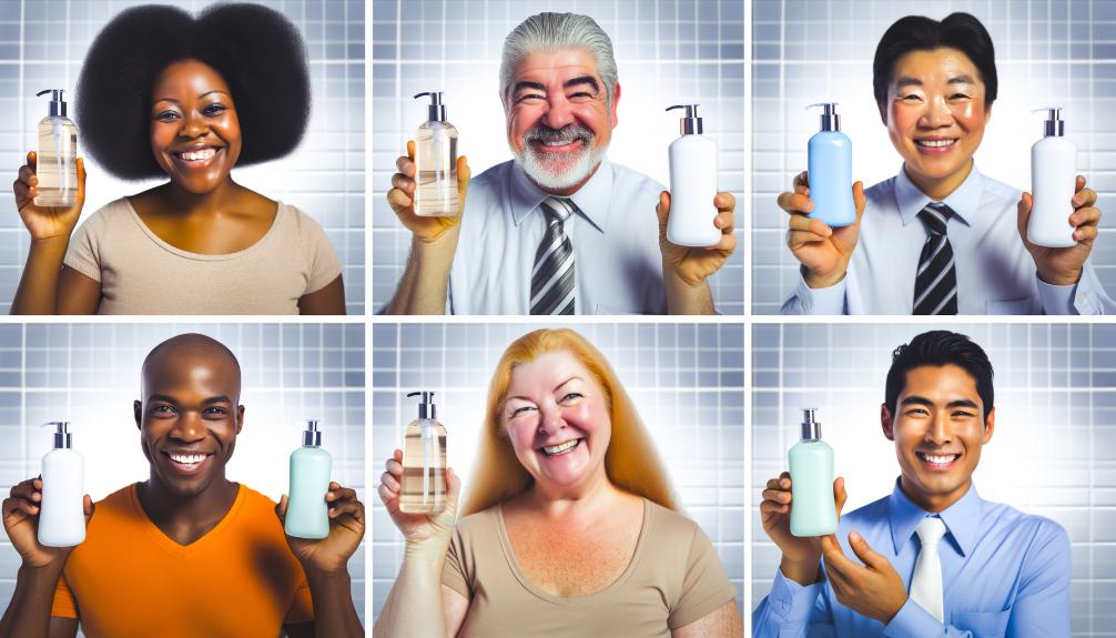 an image of diverse people in a bathroom, each holding a bottle of kojic acid body wash, showing their skin with visible improvements, smiling and looking satisfied. Include various skin tones.