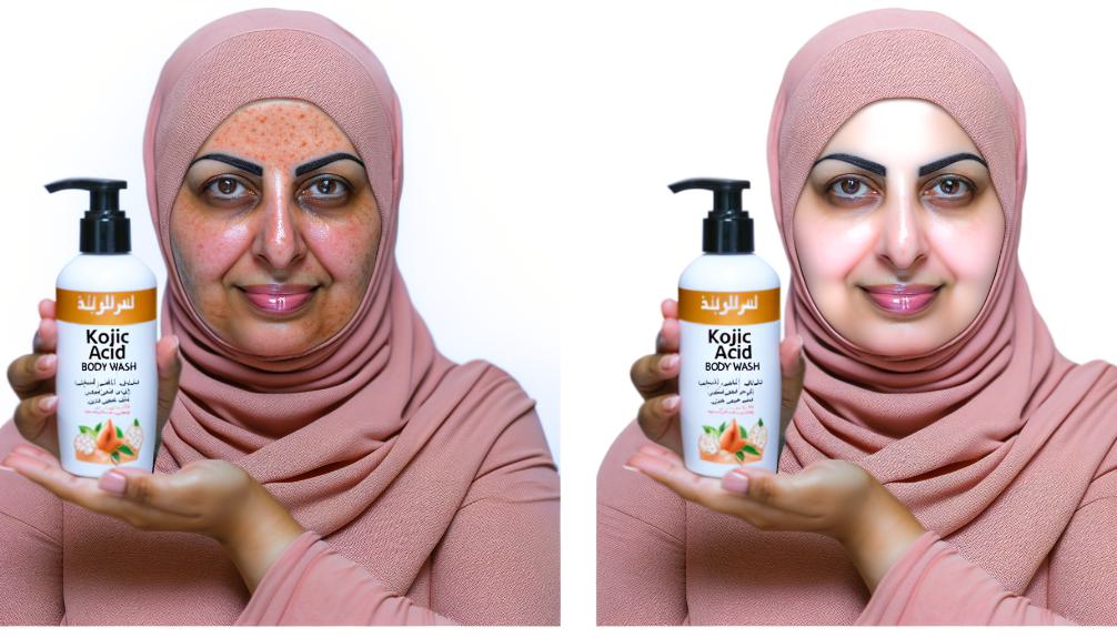 an image featuring two panels: the left showing dull, uneven skin, and the right showing radiant, even-toned skin, both on a person holding a bottle of kojic acid body wash.