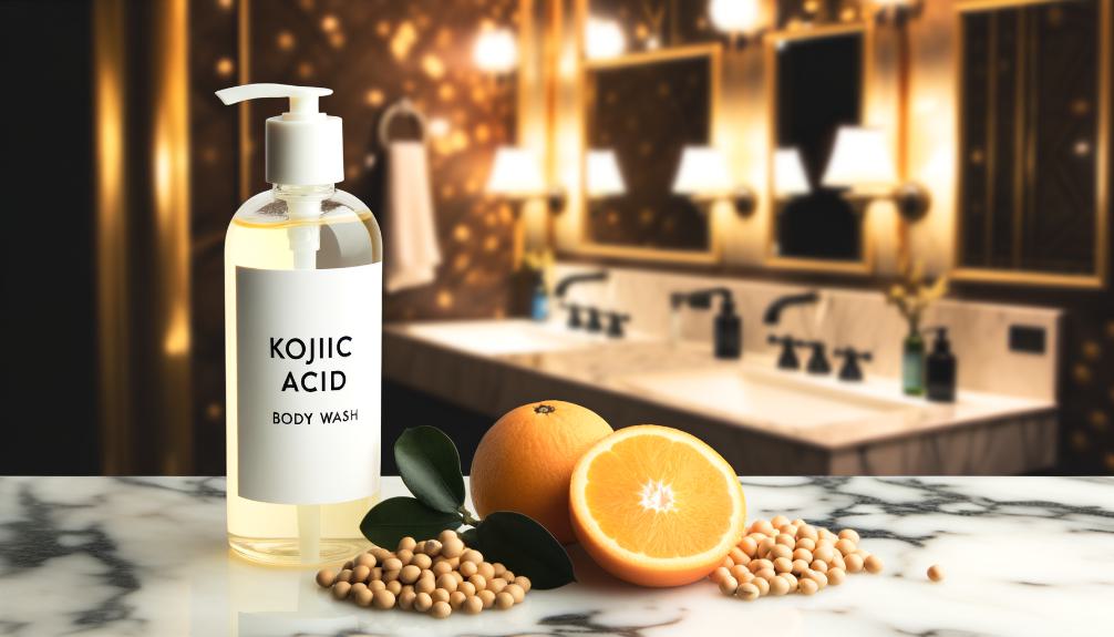 an image featuring a luxurious bathroom setting with a bottle of kojic acid body wash on a marble counter, alongside natural ingredients like oranges and soybeans, under soft, warm lighting.