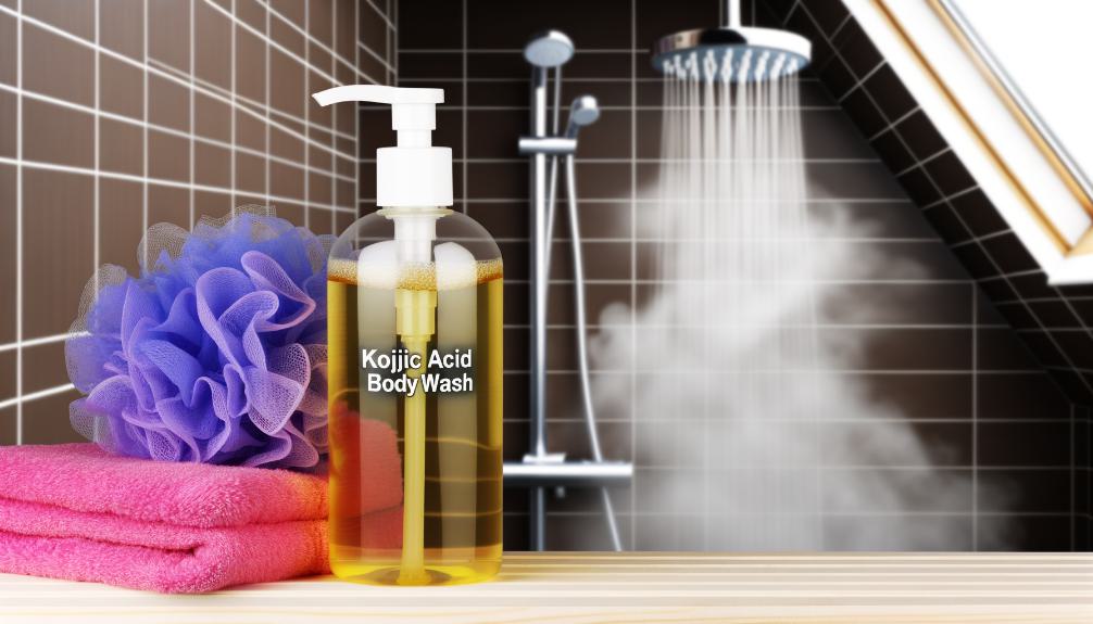 a bathroom setting with a shower shelf holding a bottle of kojic acid body wash, a loofah, and a towel. Include a steamy shower running in the background.