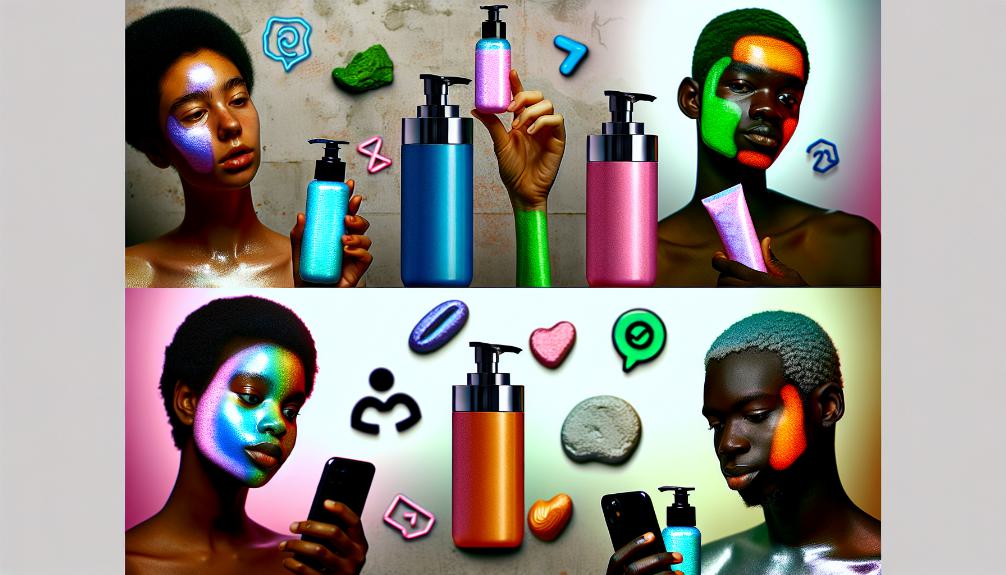 Diverse Gen-Z faces applying colorful, eco-friendly skincare products.