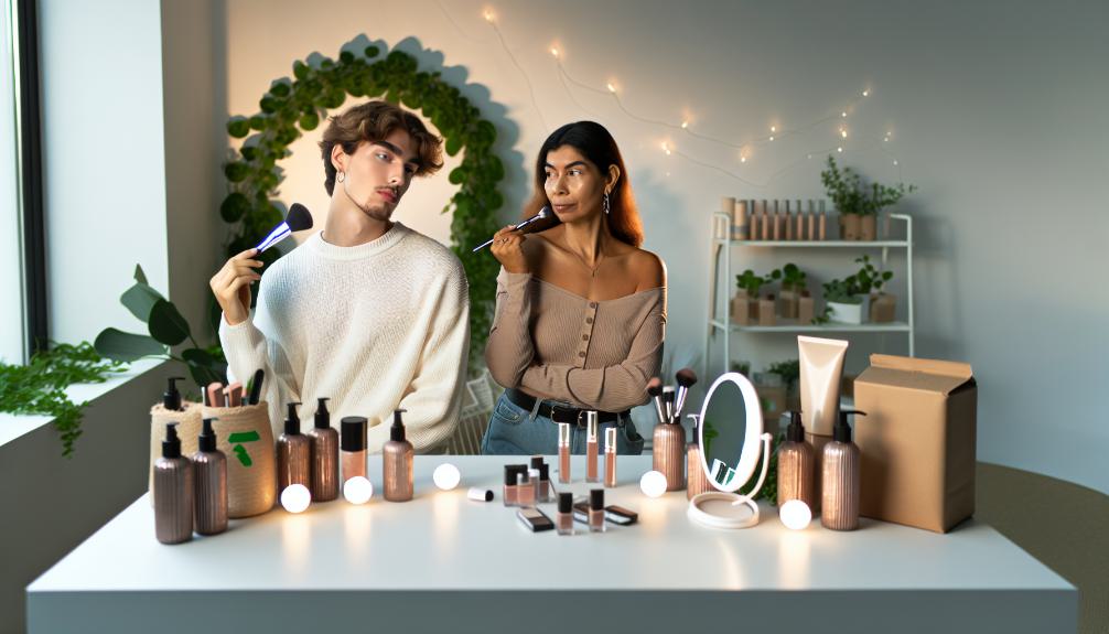 Young diverse models applying eco-friendly makeup, surrounded by reusable beauty tools, recycled packaging, and zero-waste skincare products.