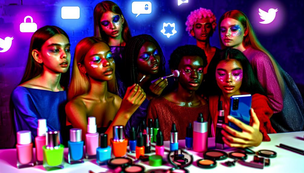 Young diverse models applying colorful makeup, taking selfies with smartphones. Beauty products scattered around. Neon lighting, social media icons floating in background. Vibrant, energetic atmosphere with Gen-Z aesthetic.