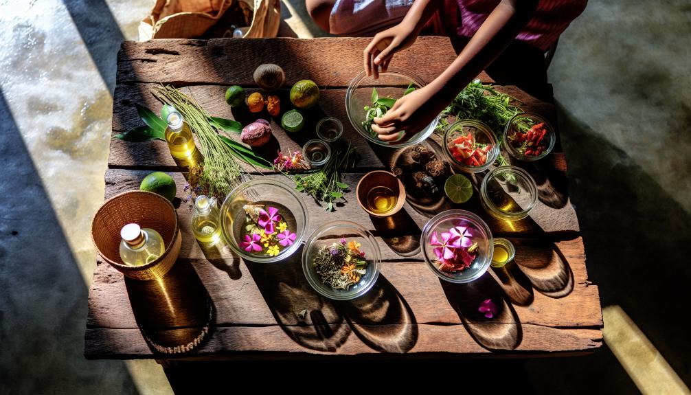 Young hands mixing colorful botanical ingredients in glass bowls. Natural light illuminates vibrant flowers, herbs, fruits, and oils on a rustic wooden table. Eco-friendly packaging scattered nearby.