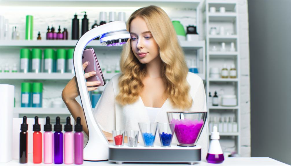 Young woman using smartphone to scan face, surrounded by colorful skincare products, AI-powered device analyzing skin condition, personalized serum mixing station nearby, futuristic beauty lab setting.