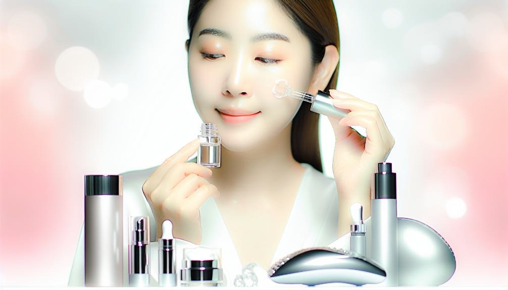 Young woman with glowing skin applying clear serum, surrounded by sleek, minimalist skincare products. Visible microneedling device and LED light therapy mask nearby. Clean, bright aesthetic with pastel accents. 