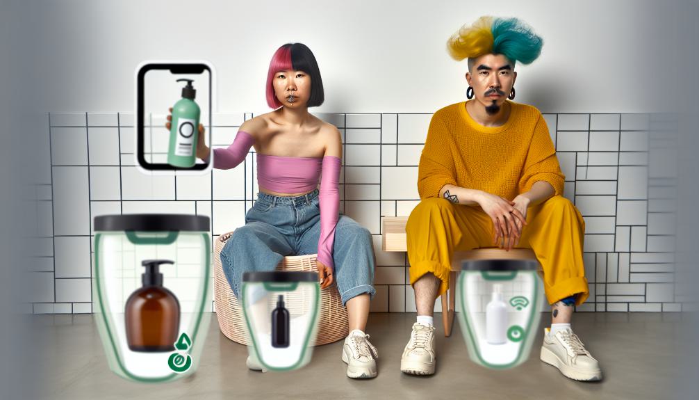 Diverse young faces with vibrant, unconventional hairstyles. Natural textures, bold colors, and sustainable packaging. Smartphone displays eco-friendly hair products. Minimalist bathroom setting with reusable containers. Gen-Z hands styling hair using innovative tools.