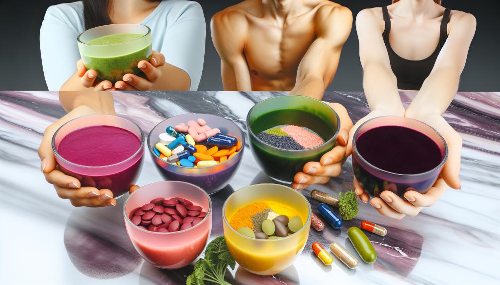 Vibrant smoothie bowls, colorful supplements, and beauty-boosting superfood powders arranged on a sleek marble countertop. Young hands reaching for nutrient-rich ingredients. Glowing skin close-up in background. 