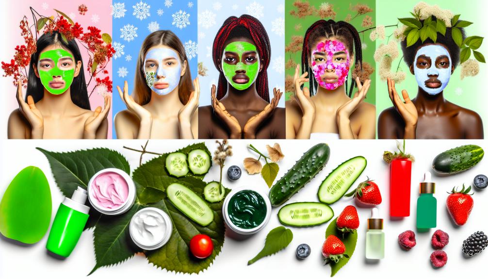 Young diverse models applying colorful face masks, surrounded by natural skincare ingredients like aloe, cucumber, and berries. Seasonal elements like snowflakes, flowers, leaves, and sun rays in background.