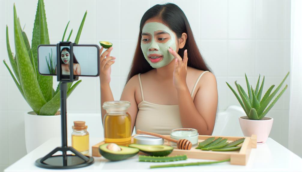 Young woman applying homemade avocado face mask, surrounded by natural ingredients like honey, aloe vera, and coconut oil. Smartphone displays beauty tutorial video nearby. Bright, minimalist bathroom setting.