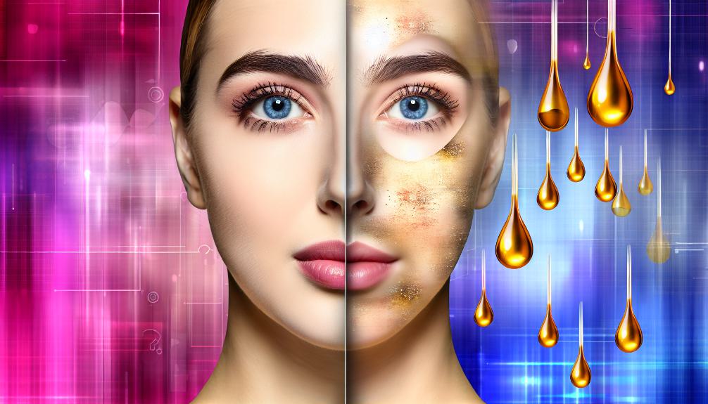 Youthful face split vertically: one side smooth, glowing; other side with visible imperfections. Ethereal, golden droplets float between, symbolizing PRP therapy. Cosmetic tools and Gen-Z aesthetics in background.