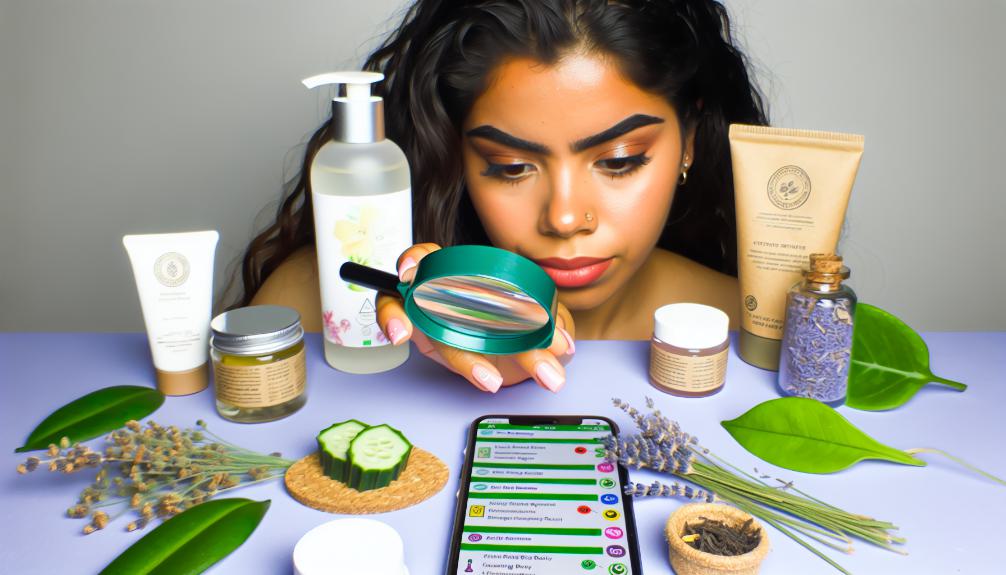 Young woman examining skincare product labels with a magnifying glass, surrounded by natural ingredients, clean beauty products, and a smartphone displaying ingredient safety apps.