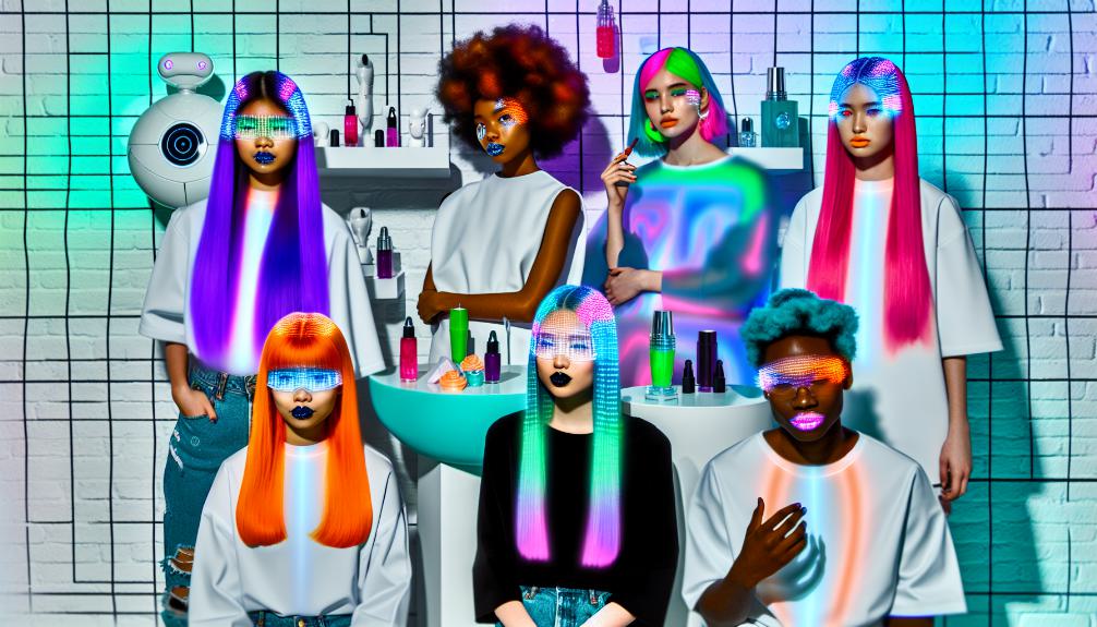 Diverse Gen-Z models experimenting with holographic makeup, neon hair colors, and 3D-printed accessories. Futuristic beauty lab backdrop with AI-powered skincare devices and sustainable, biodegradable cosmetic packaging scattered around.