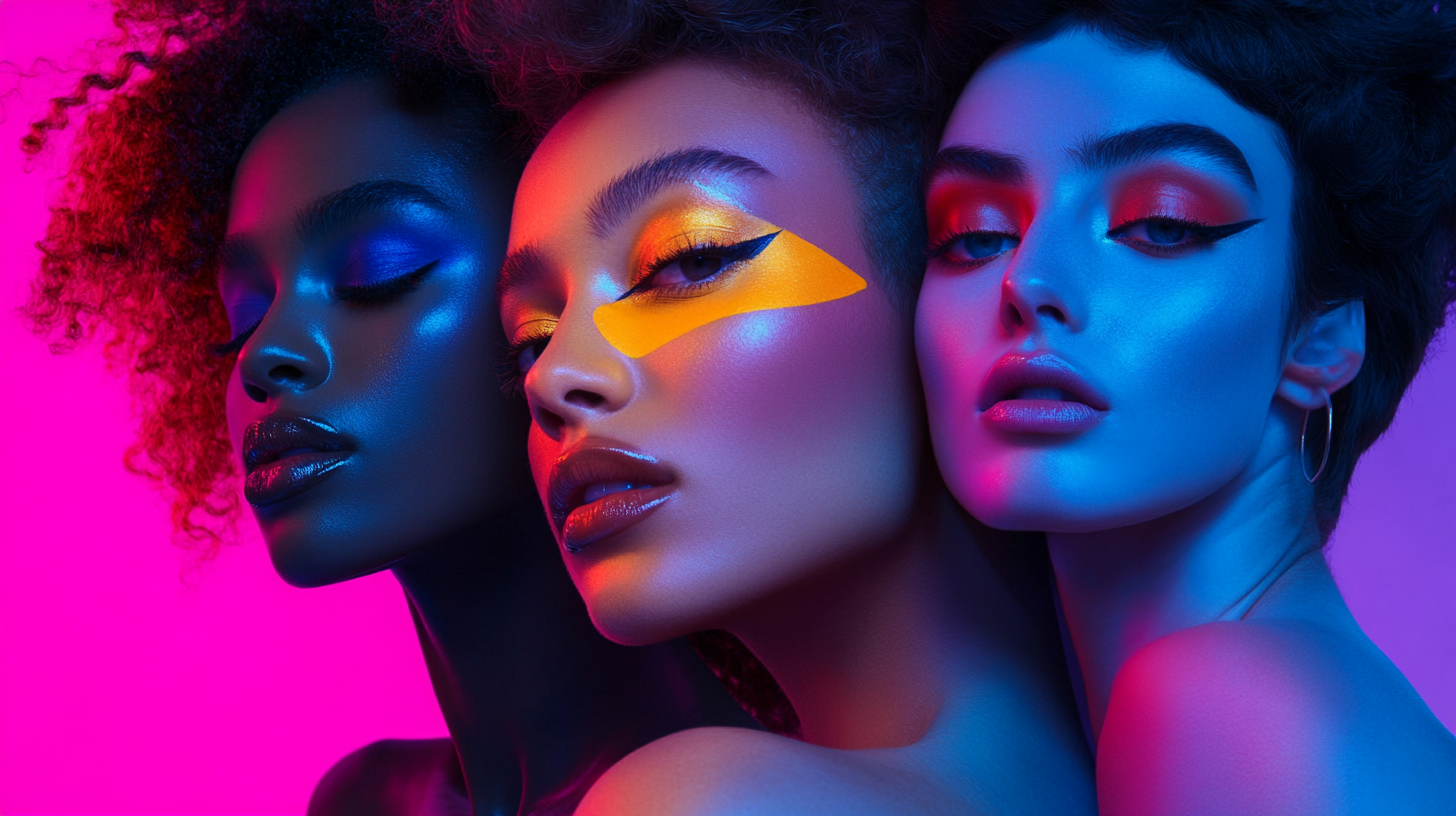 Young diverse models showcasing vibrant, unconventional makeup looks.