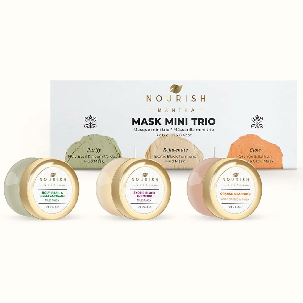 NOURISH MANTRA Mask Mini Trio Face Care Kit | Holy Basil  Neem Vardaan Mud Mask, Exotic Black Turmeric Mud Mask, Orange  Saffron Avanda Glow Mask | for Rejuvenated  Glowing Skin (12g each)