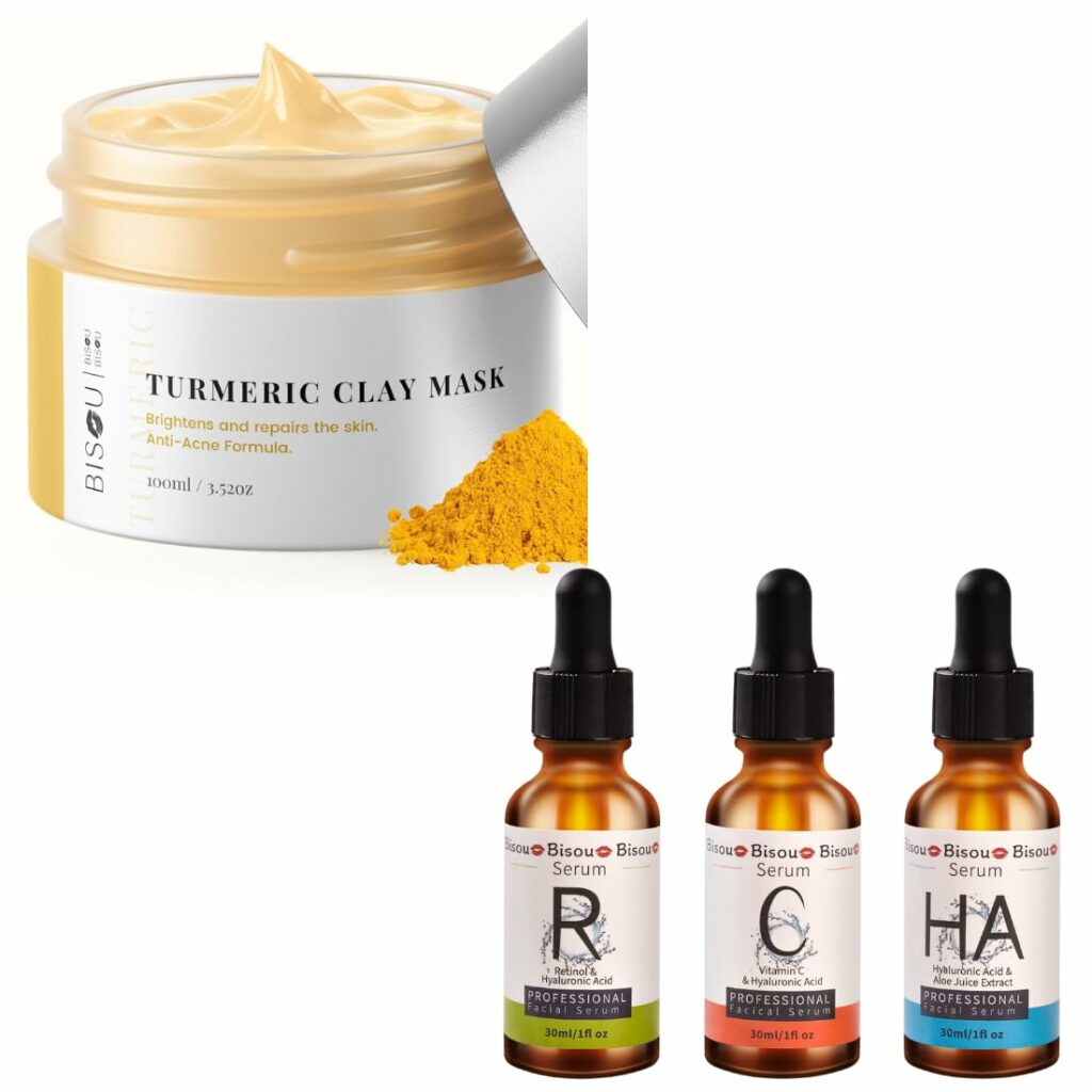 Turmeric Clay Mask  Vitamin Serum Set - Anti-Aging, Brightening, Acne Treatment, and Pore Cleansing Duo for Womens Skincare