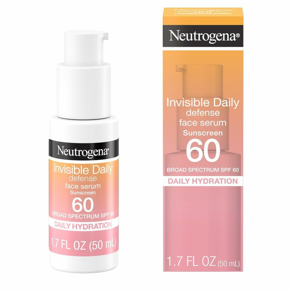 Neutrogena Invisible Daily Defense Face Sunscreen + Hydrating Serum with Broad Spectrum SPF 60  Antioxidants to Help Skin Glow, Oil-Free, Fragrance Free, 1.7 fl. oz