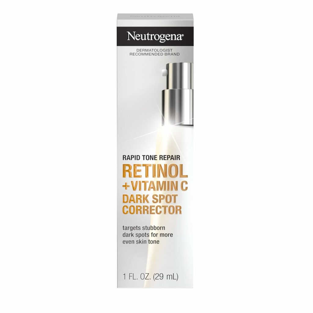 Neutrogena Rapid Tone Repair Retinol + Vitamin C Dark Spot Corrector Face Serum, Daily Anti-Wrinkle Dark Spot Corrector to Brighten  Even Tone, Mineral-Oil  Dye-Free, White, 1 oz