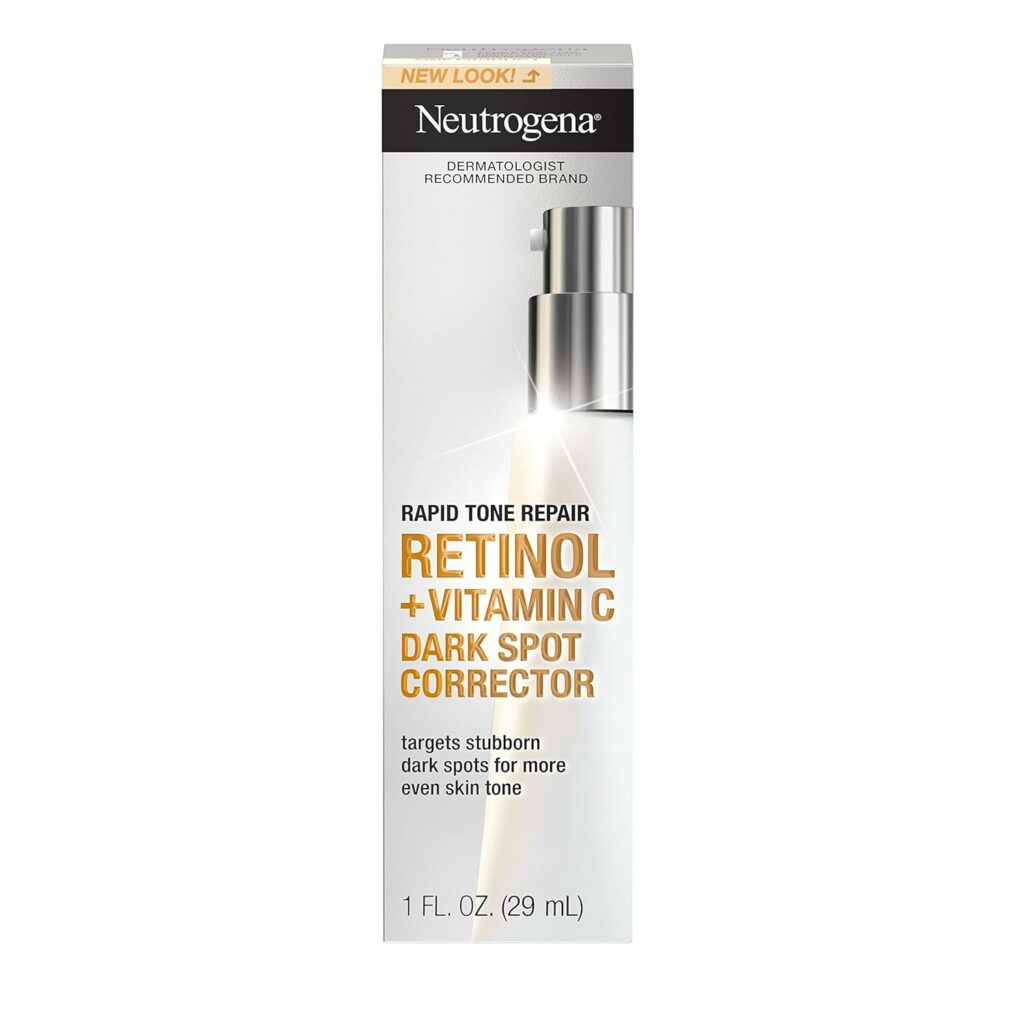 Neutrogena Rapid Tone Repair Retinol + Vitamin C Dark Spot Corrector Face Serum, Daily Anti-Wrinkle Dark Spot Corrector to Brighten  Even Tone, Mineral-Oil  Dye-Free, White, 1 oz